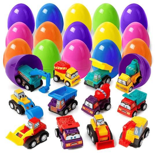 Easter Eggs Filled With Pullback Construction Vehicles, Cute Animals, Dinosaurs, Jewelry pieces and Bunnies