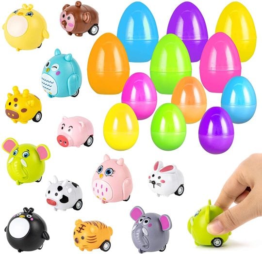 Easter Eggs Filled With Pullback Construction Vehicles, Cute Animals, Dinosaurs, Jewelry pieces and Bunnies